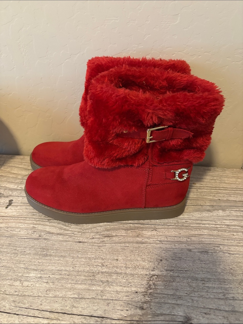 Guess Red Faux-Fur Suede-Look Ankle Boots